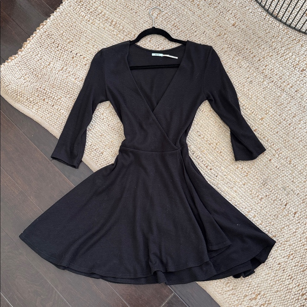 Urban Outfitters Black Wrap-Style Long Sleeve Skater Dress